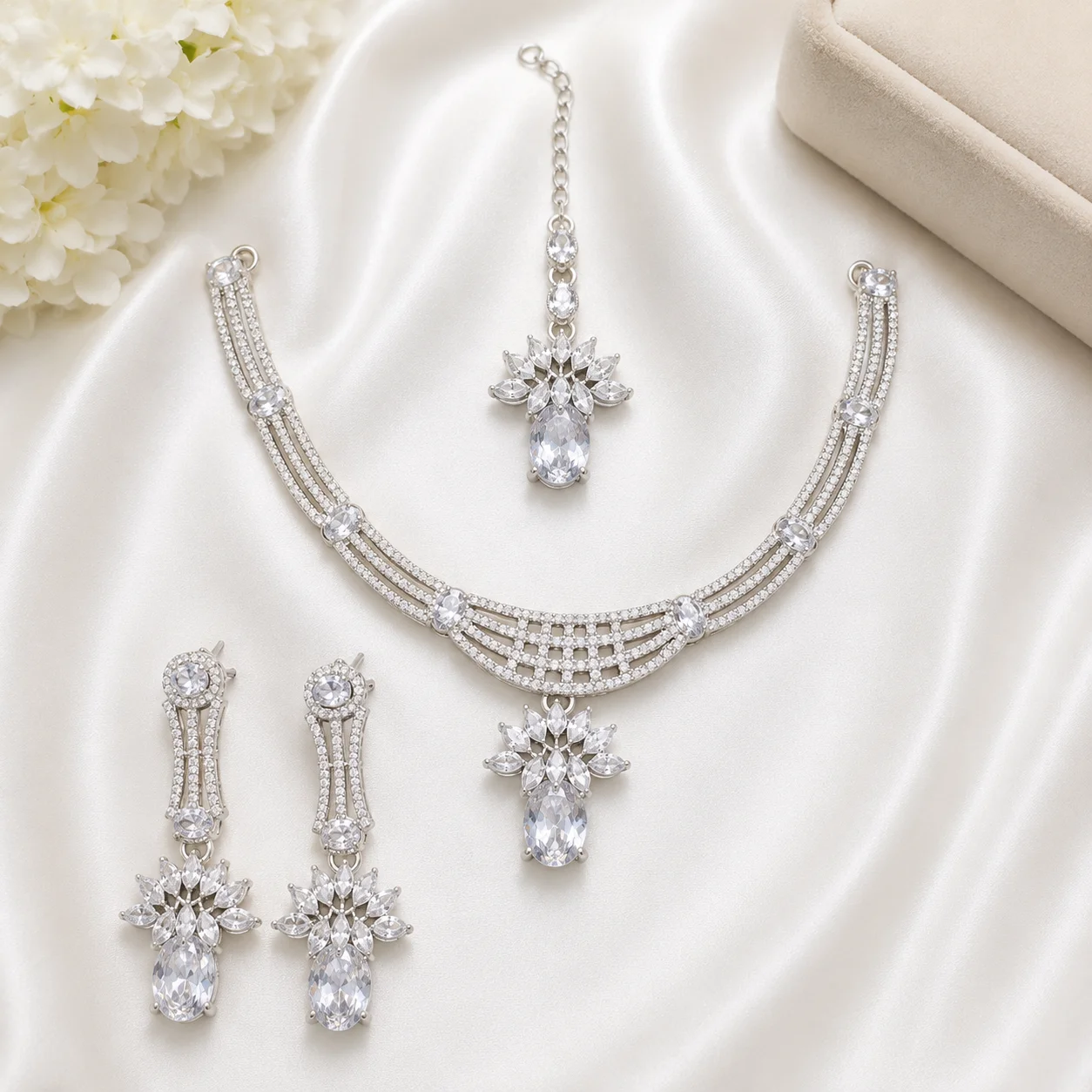 Gold & Silver Party Wear Jewelry Set with Earrings & Maang Tikka