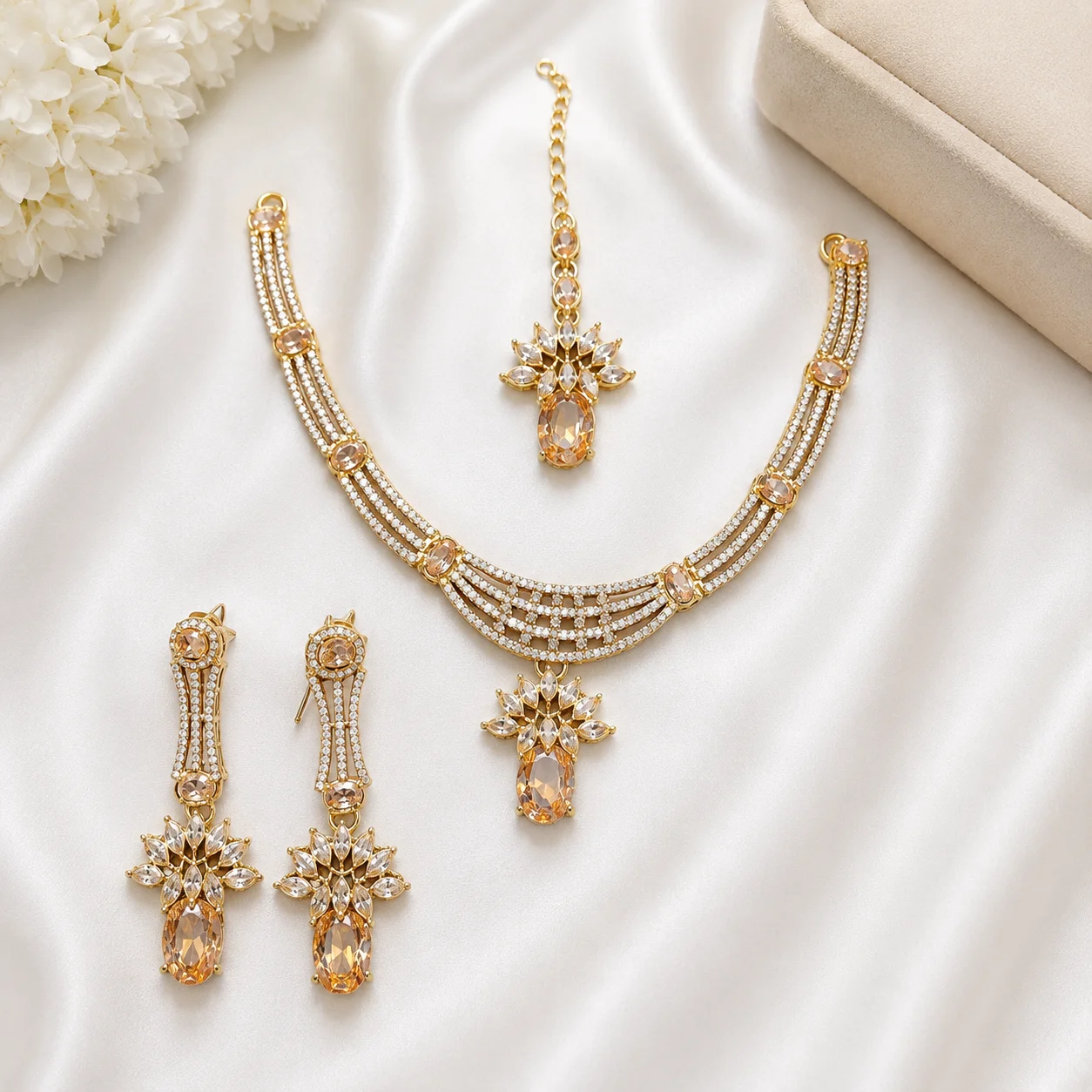 Gold & Silver Party Wear Jewelry Set with Earrings & Maang Tikka