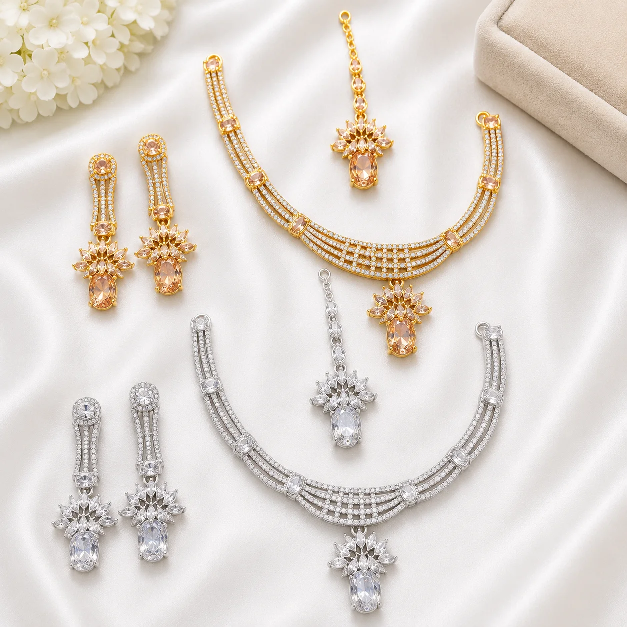 Gold & Silver Party Wear Jewelry Set with Earrings & Maang Tikka