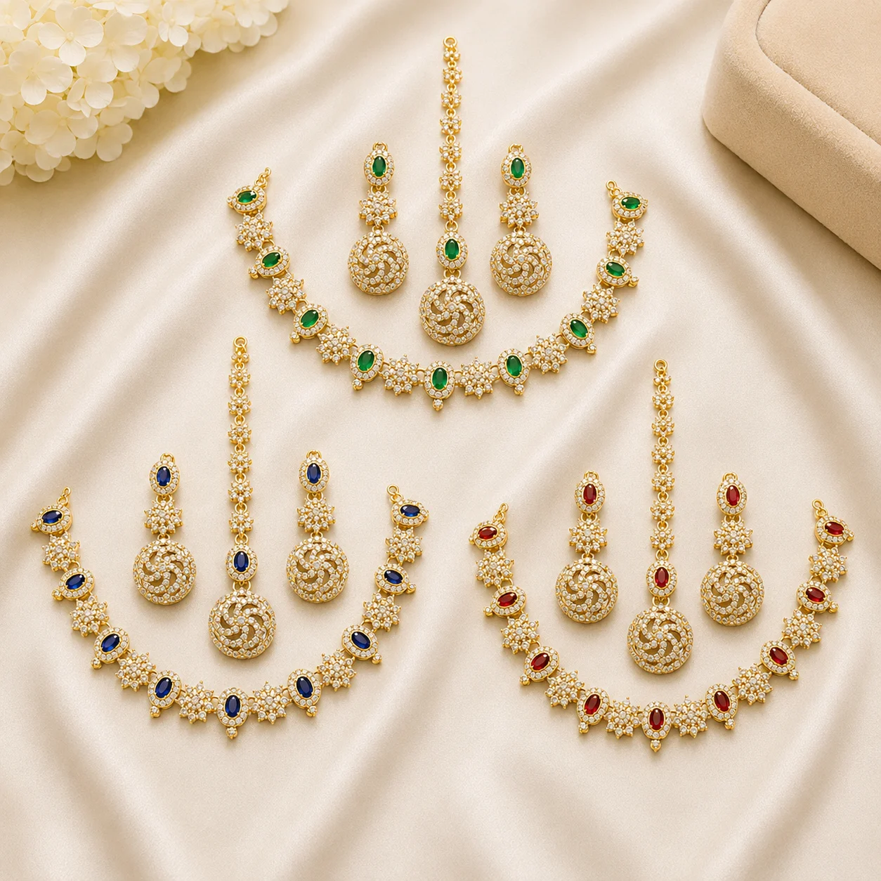 Green, Blue & Red Stone | Gold Plated Jewelry Set