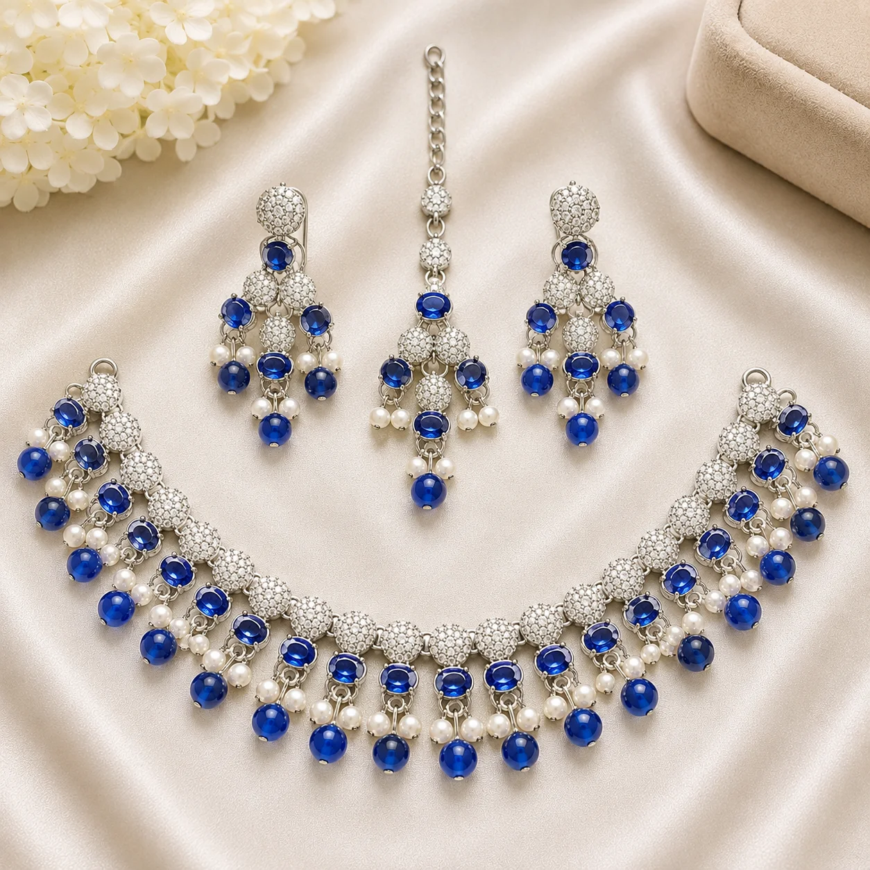 2 Color Luxury Blue Stone Necklace Set