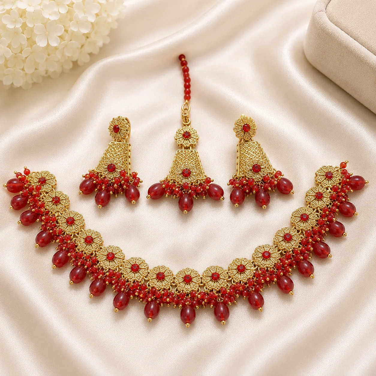 Golden Red Beaded Bridal Choker Necklace Set