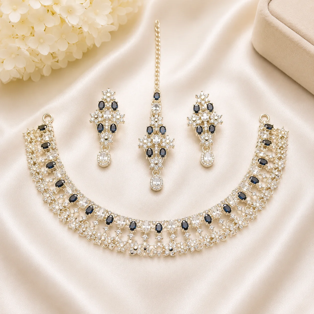 Luxury Silver & Black Stone Bridal Necklace Set with Earrings & Maang Tikka