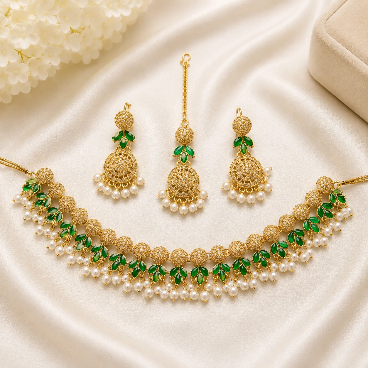 Luxury Green Leaf Pearl Bridal Necklace Set with Earrings & Maang Tikka
