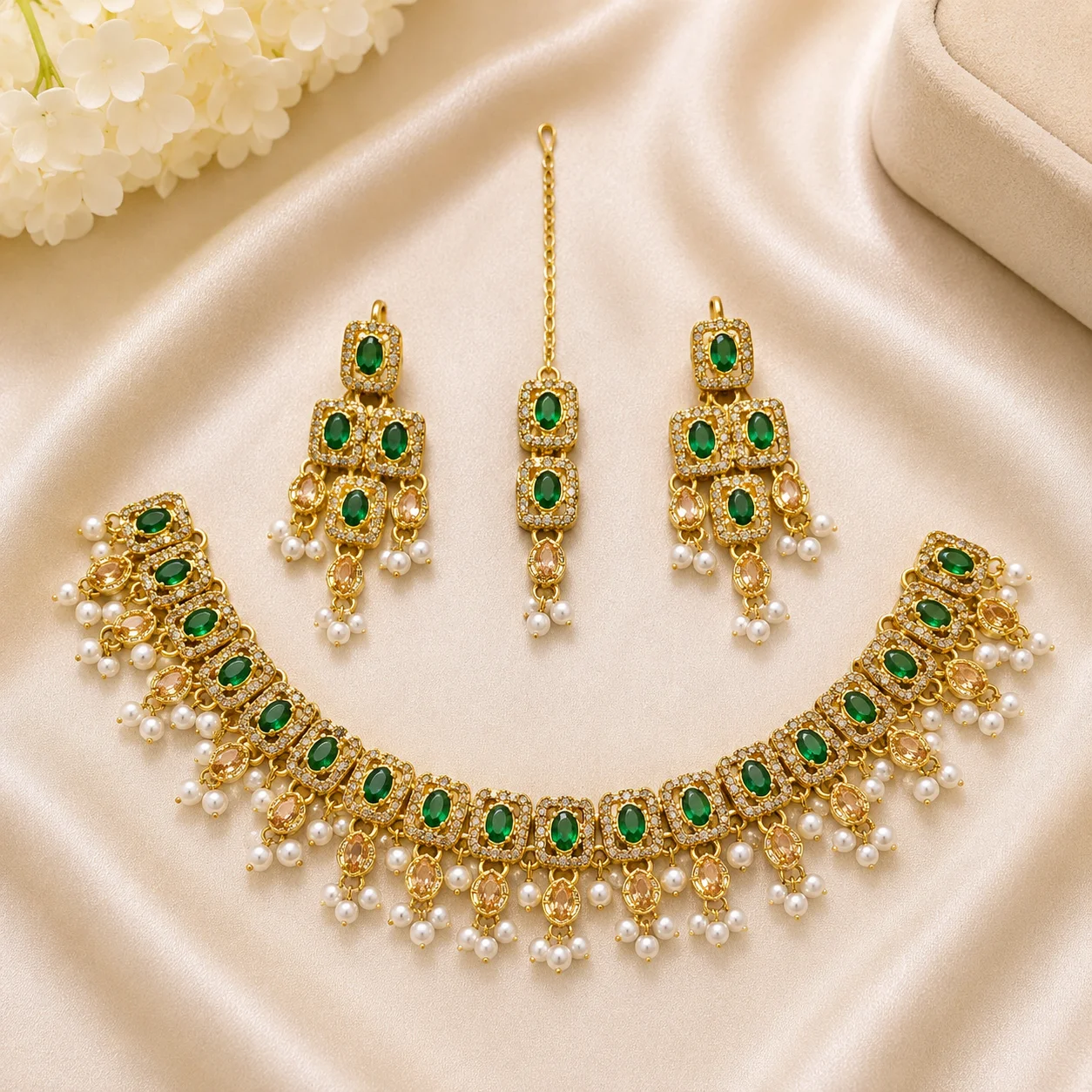 Luxury Emerald Green Pearl Bridal Necklace Set with Earrings & Maang Tikka