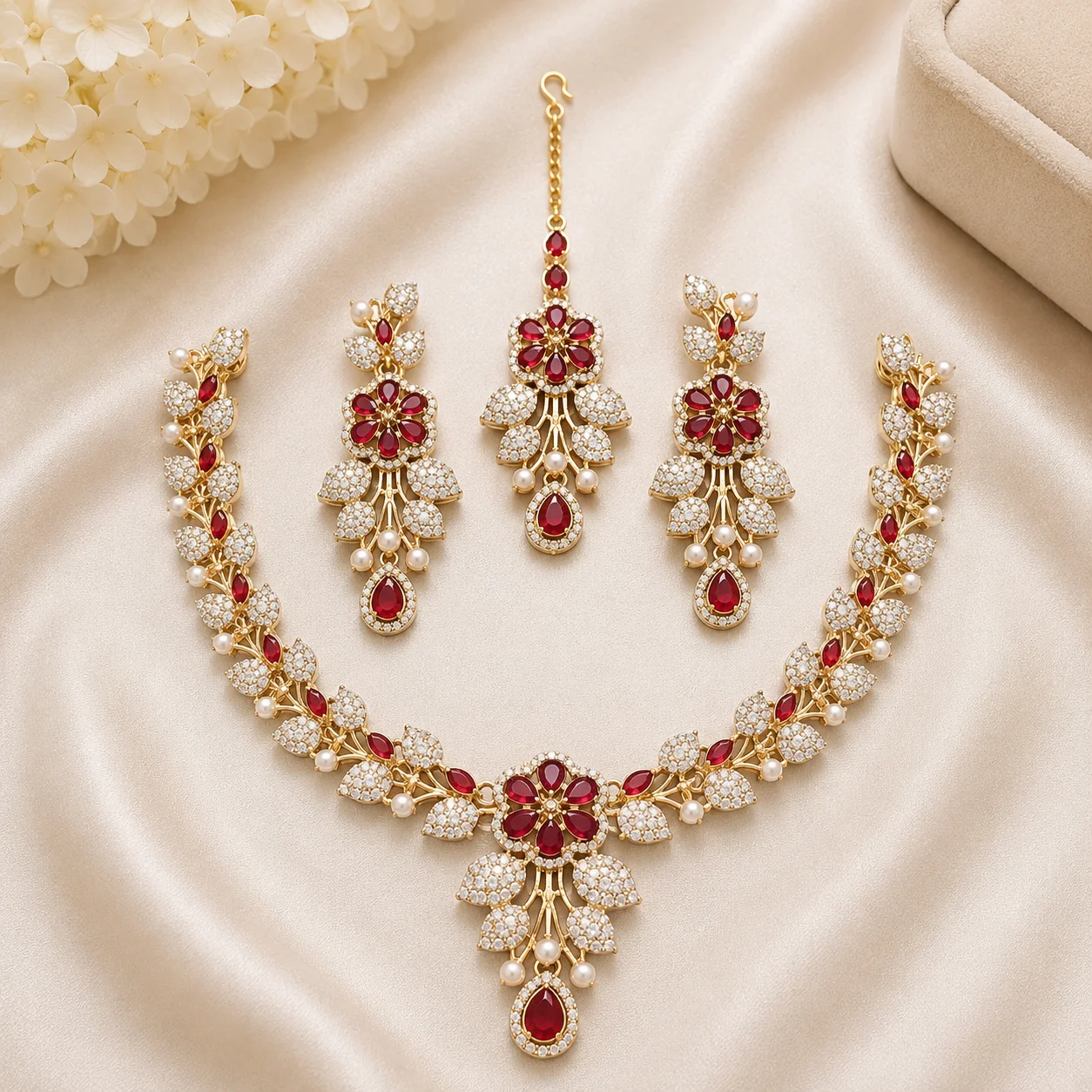 Luxury Ruby Red Floral Bridal Necklace Set with Earrings & Maang Tikka