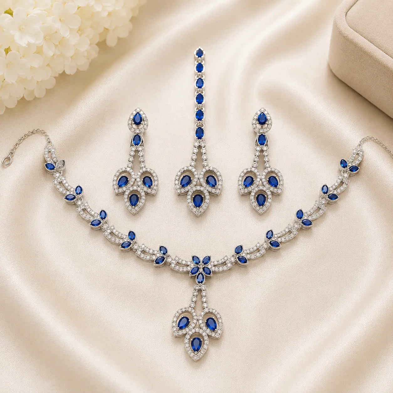 Luxury Silver Blue Stone Choker Necklace Set