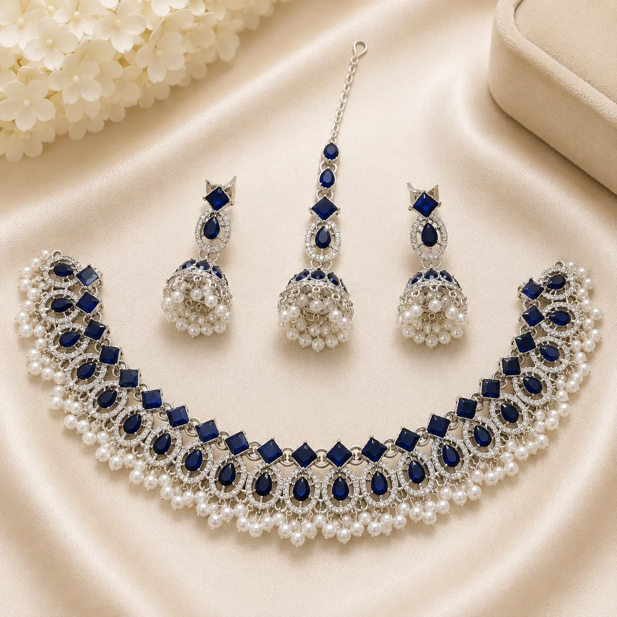 Luxury Silver Dark Blue Stone Pearl Choker Necklace Set