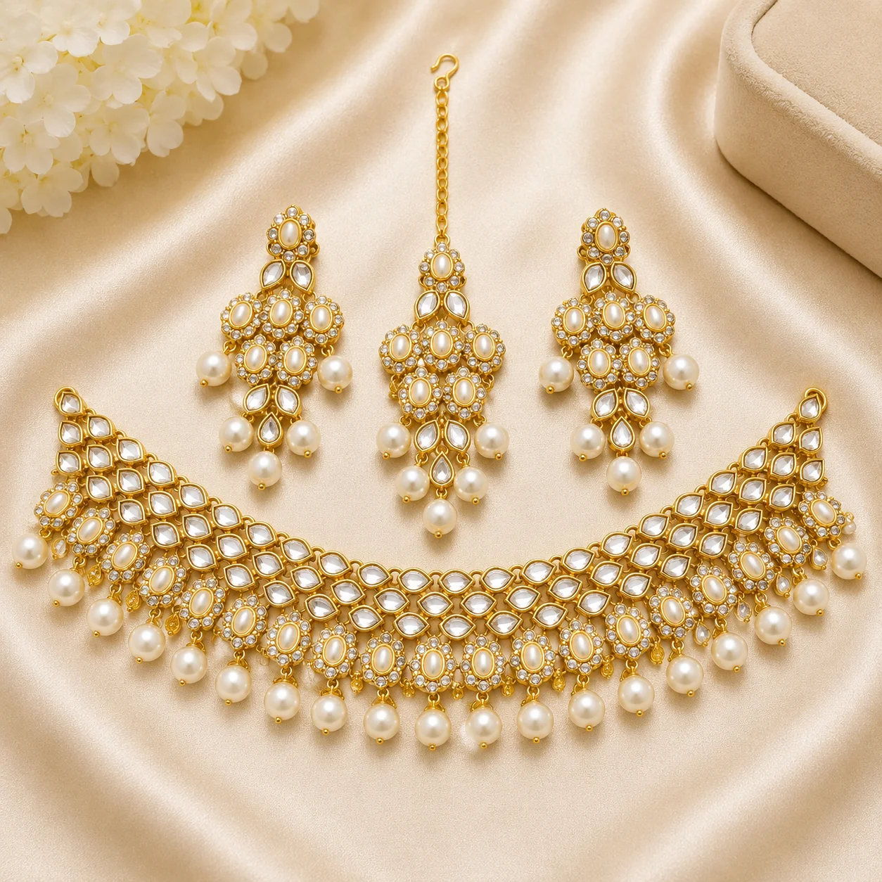 White, Red & Purple Designer Necklace Set with Earrings & Maang