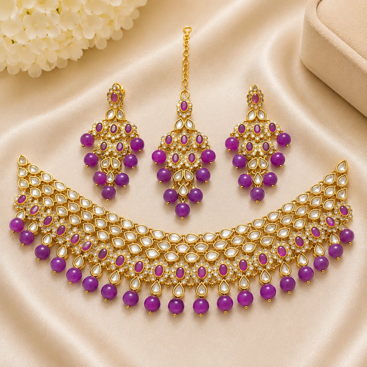 White, Red & Purple Designer Necklace Set with Earrings & Maang