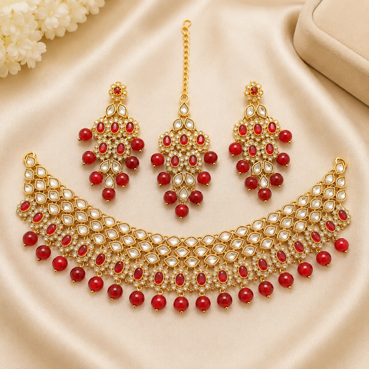 White, Red & Purple Designer Necklace Set with Earrings & Maang