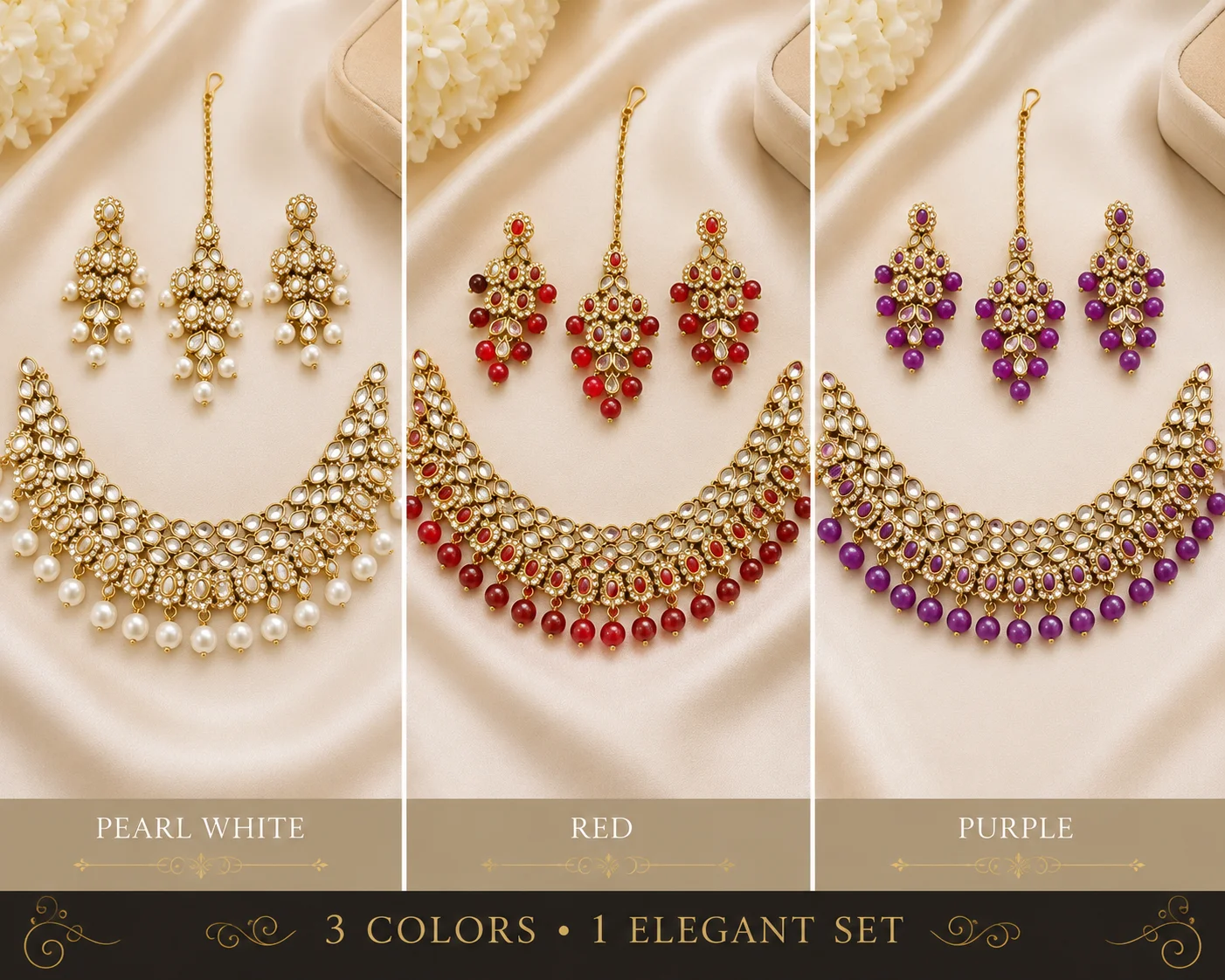White, Red & Purple Designer Necklace Set with Earrings & Maang