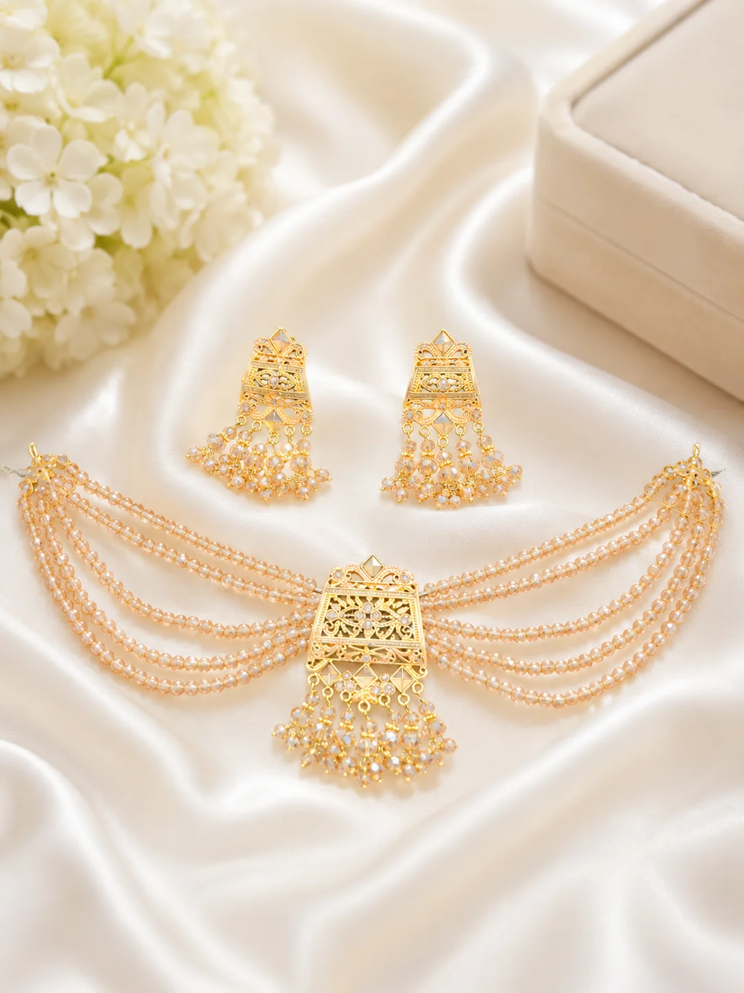 Luxury Gold Crystal Multi-Layer Set with Matching Earrings