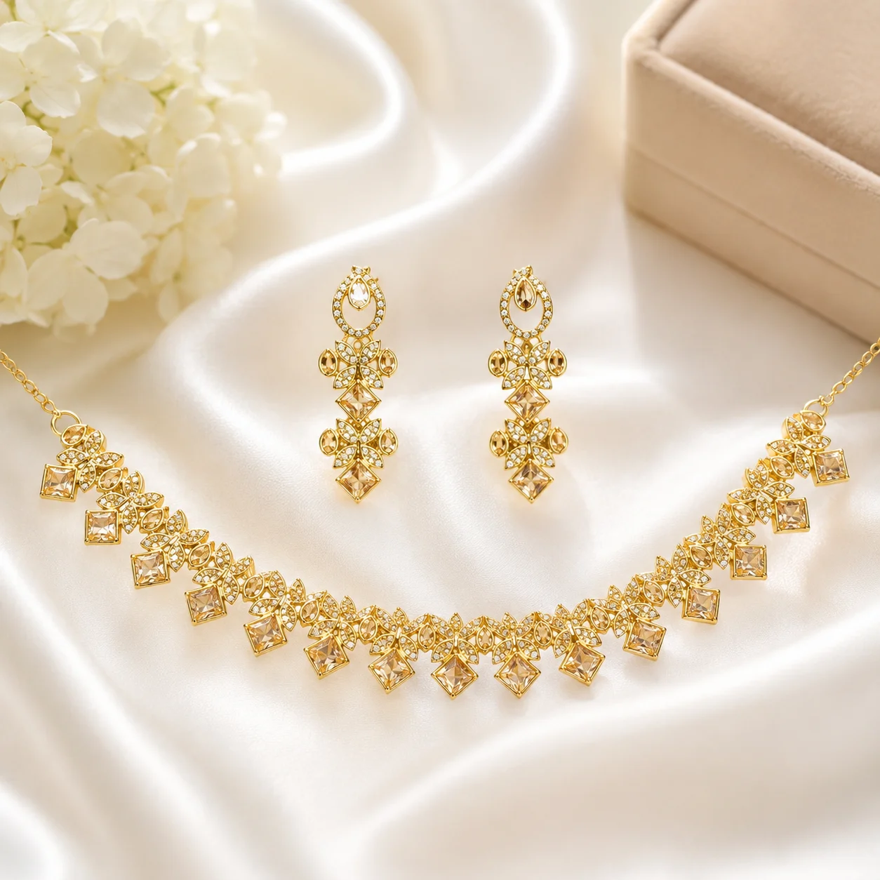Luxury Gold Crystal Floral Necklace Set with Matching Earrings