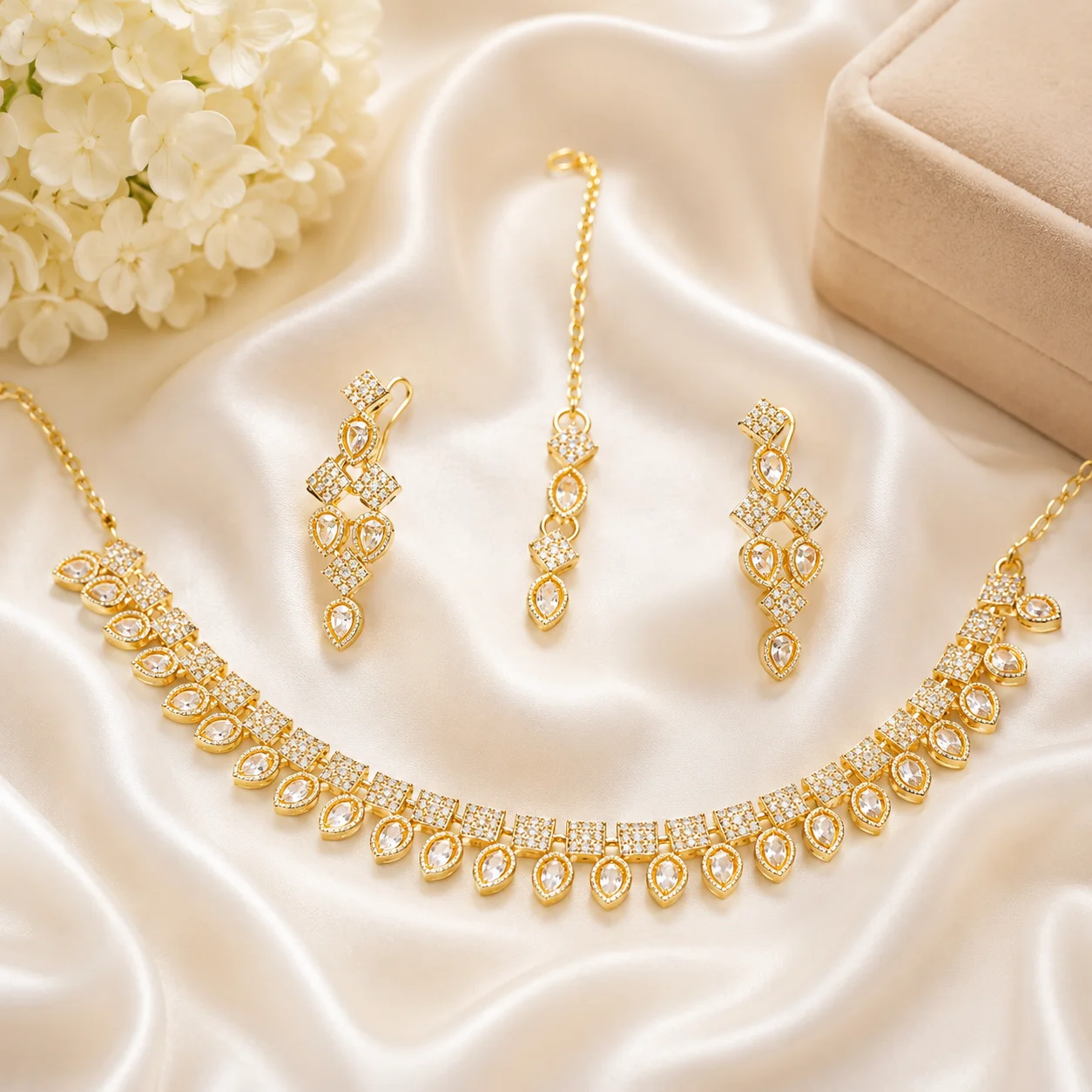 Luxury Gold & Silver Crystal Necklace Set Combo with Matching Earrings & Maang Tikka