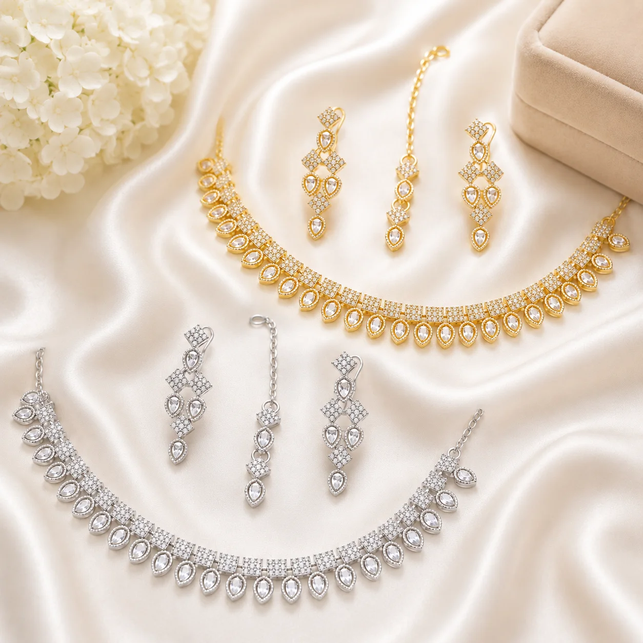 Luxury Gold & Silver Crystal Necklace Set Combo with Matching Earrings & Maang Tikka