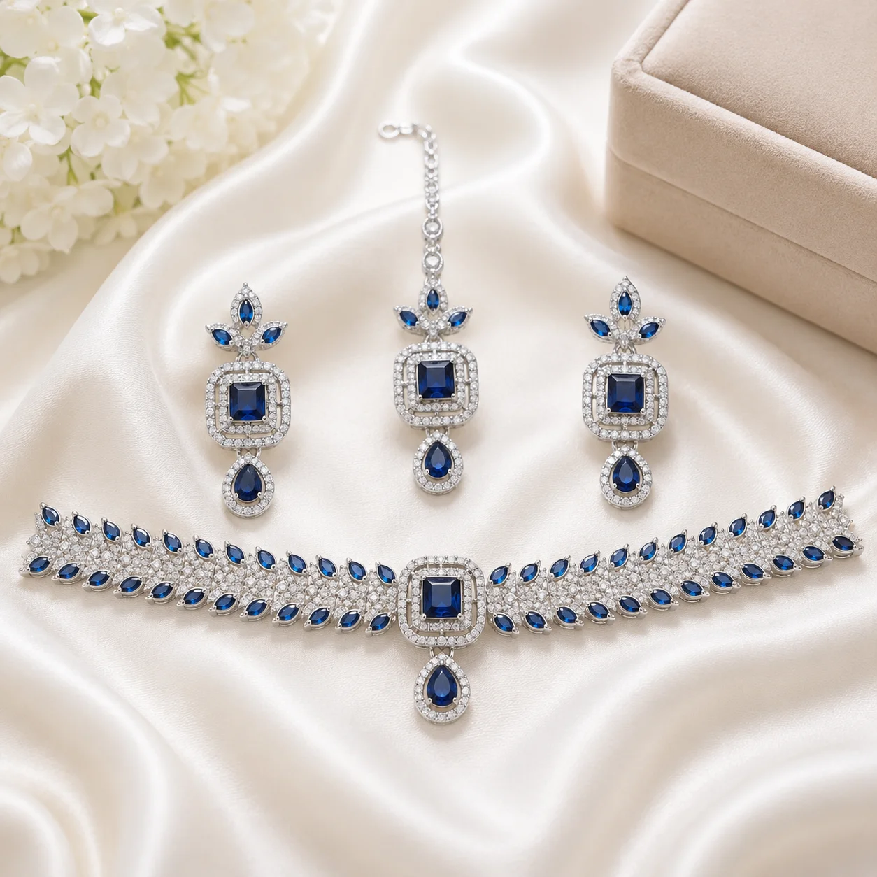 Luxury Silver & Blue Crystal Set with Matching Earrings & Maang Tikka