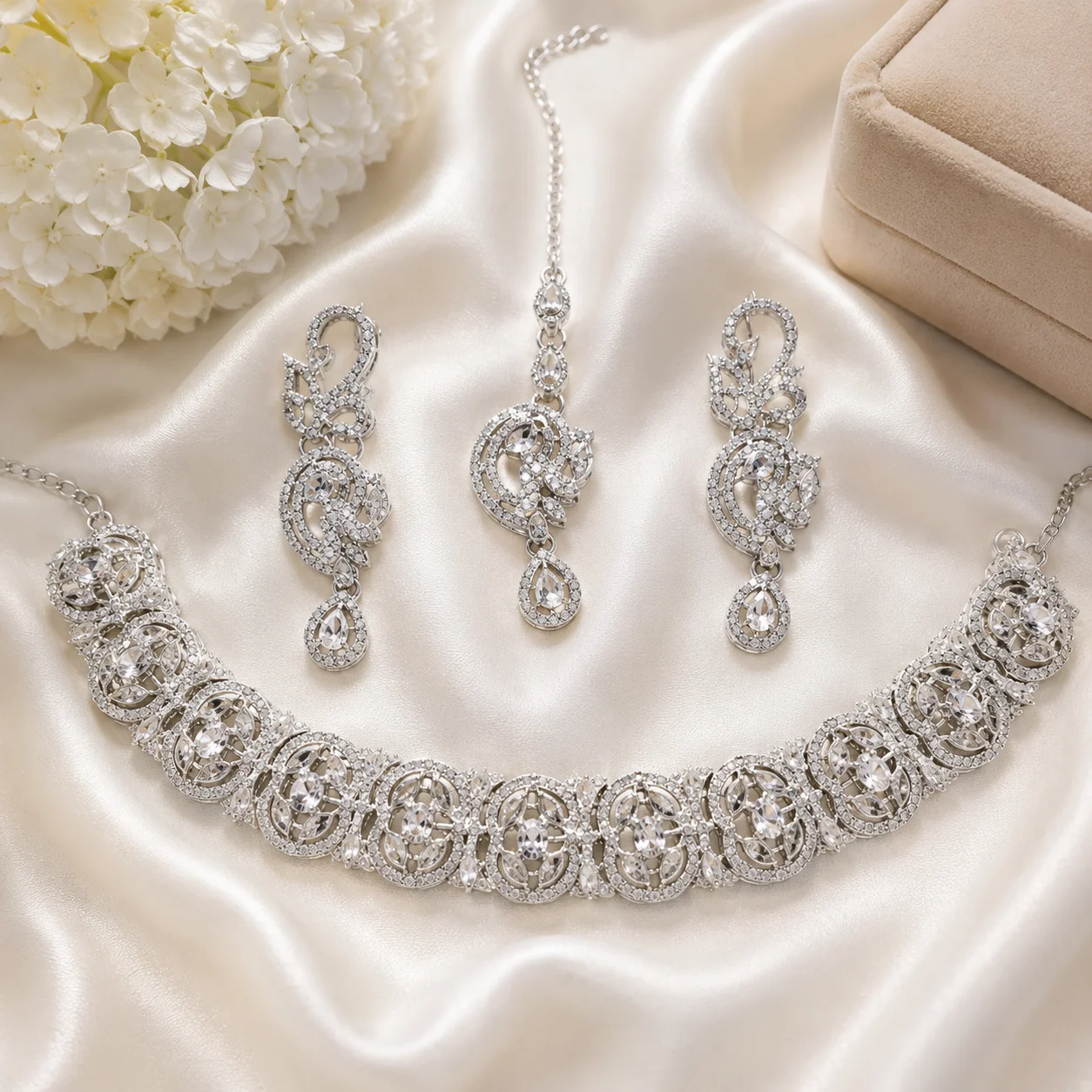Luxury Silver CZ Bridal Set with Matching Earrings & Maang Tikka
