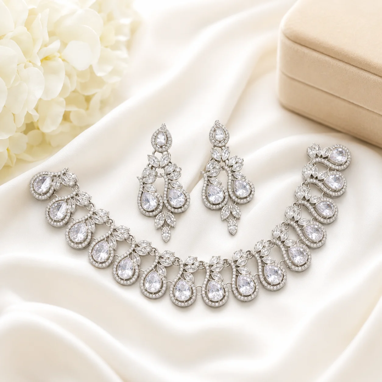 Luxury Silver Crystal Teardrop Necklace & Earrings Set