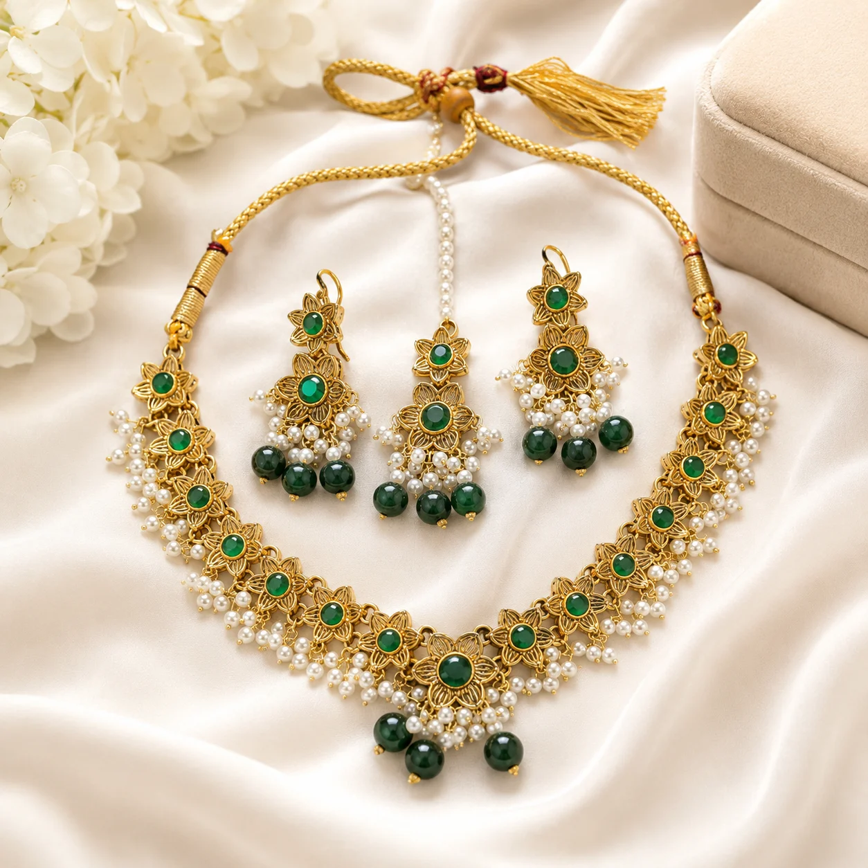 Antique Gold Green Stone Pearl Bridal Necklace Set