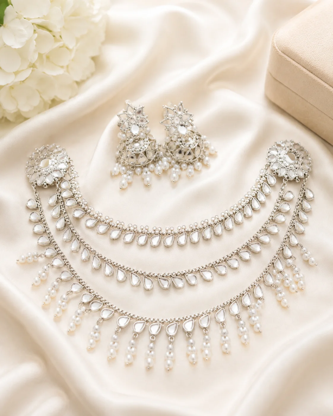 Luxury Silver Mirror Pearl 3-Layer Necklace & Jhumka Set