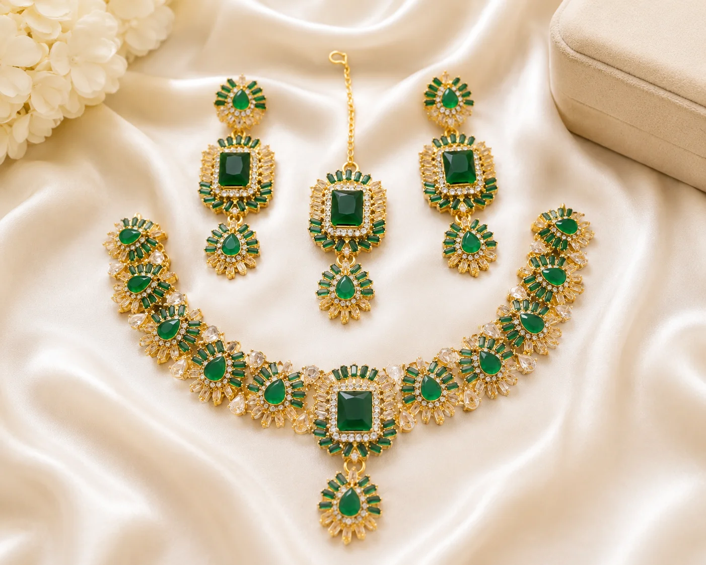 Luxury Emerald Green Stone Gold Bridal Necklace Set