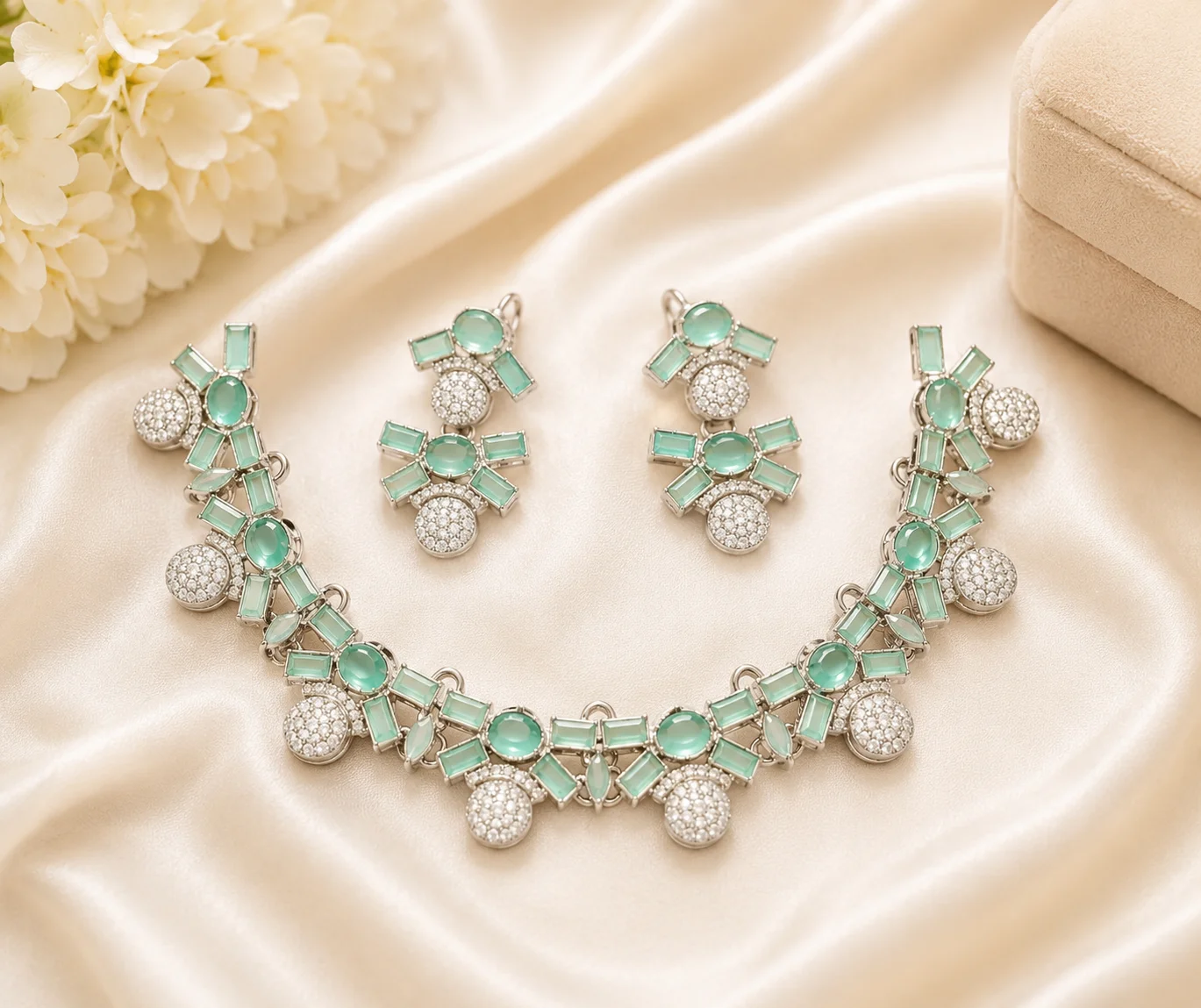 Luxury Mint Green Crystal Silver Necklace & Earrings Set