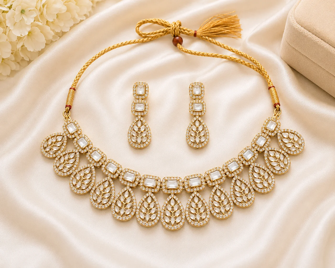 Luxury Gold Kundan Teardrop Necklace & Earrings Set