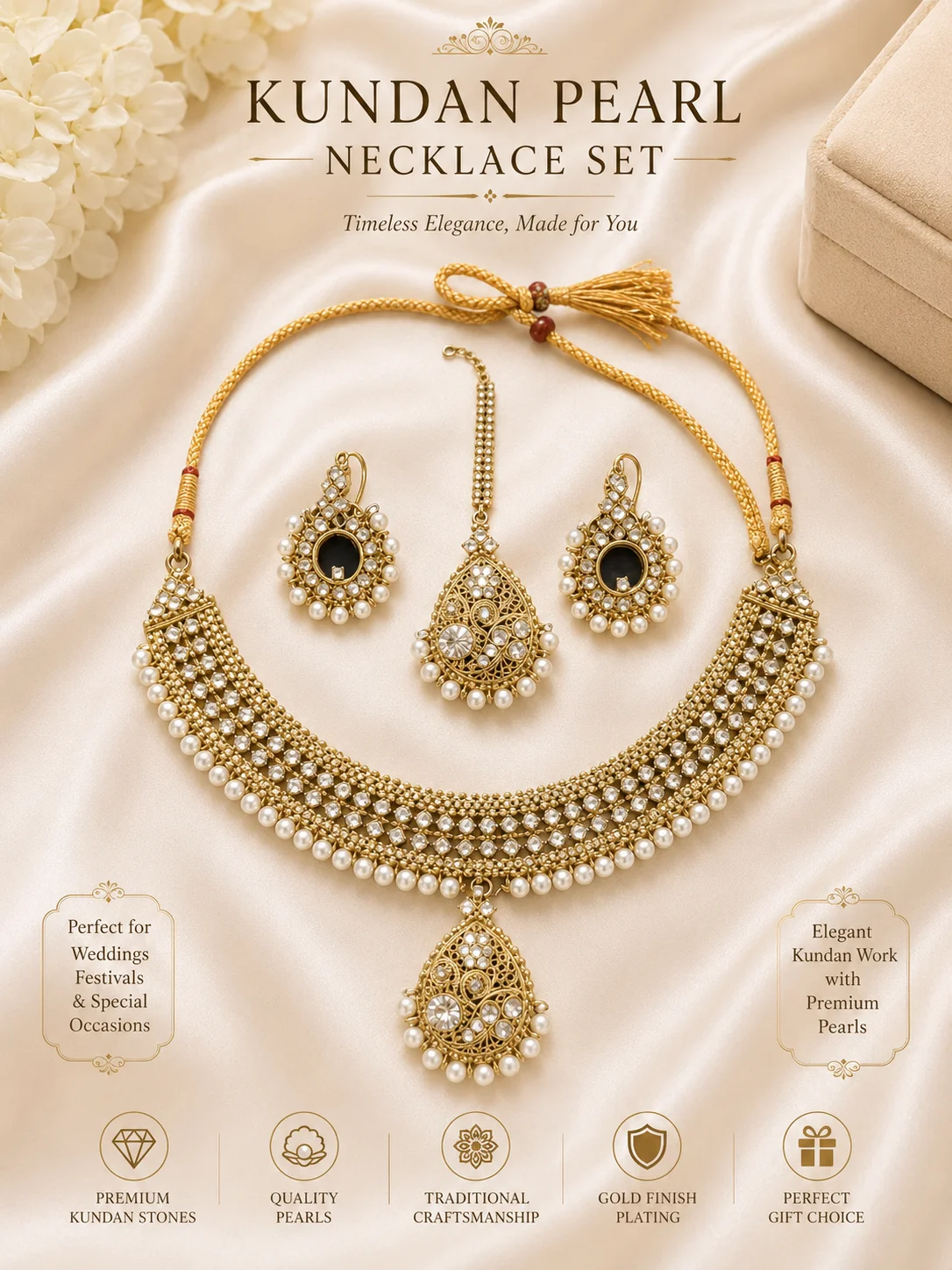 Luxury Gold Kundan Pearl Choker Necklace Set with Maang TikkA