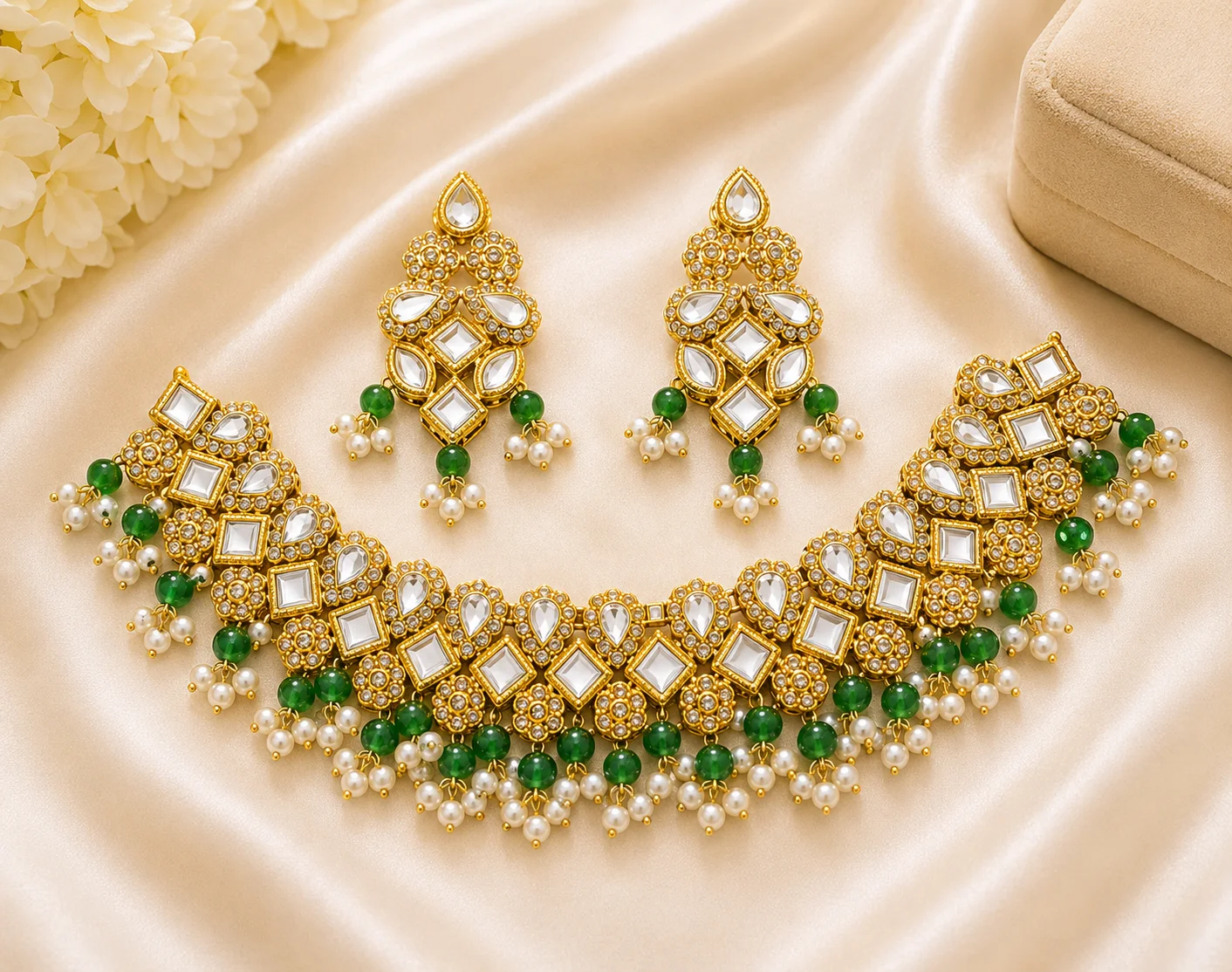 Luxury Green Beads Kundan Pearl Bridal Necklace Set