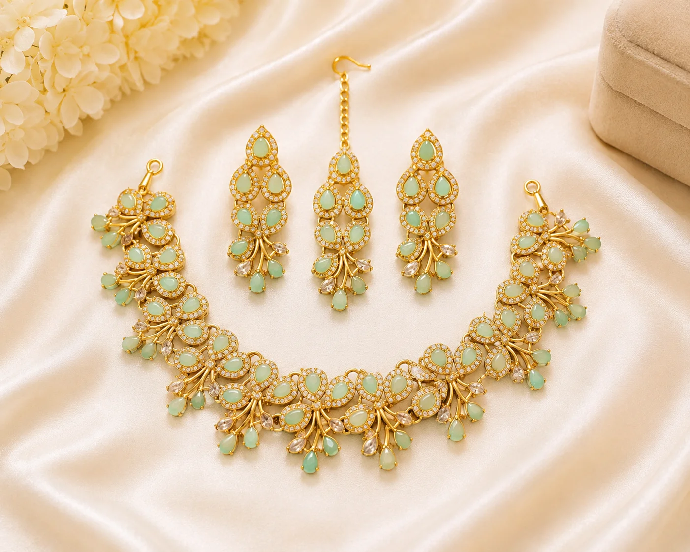 Luxury Mint Green Teardrop Gold Necklace & Earrings Set