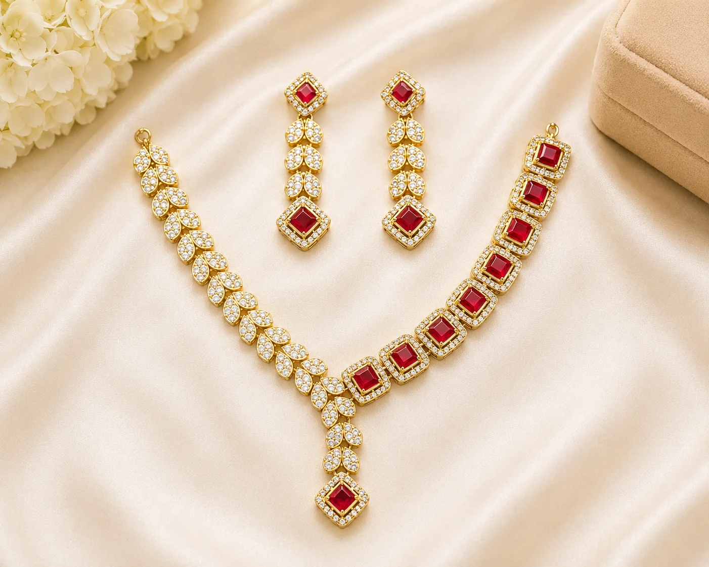 Luxury Ruby Red Crystal Leaf Necklace & Earrings Set
