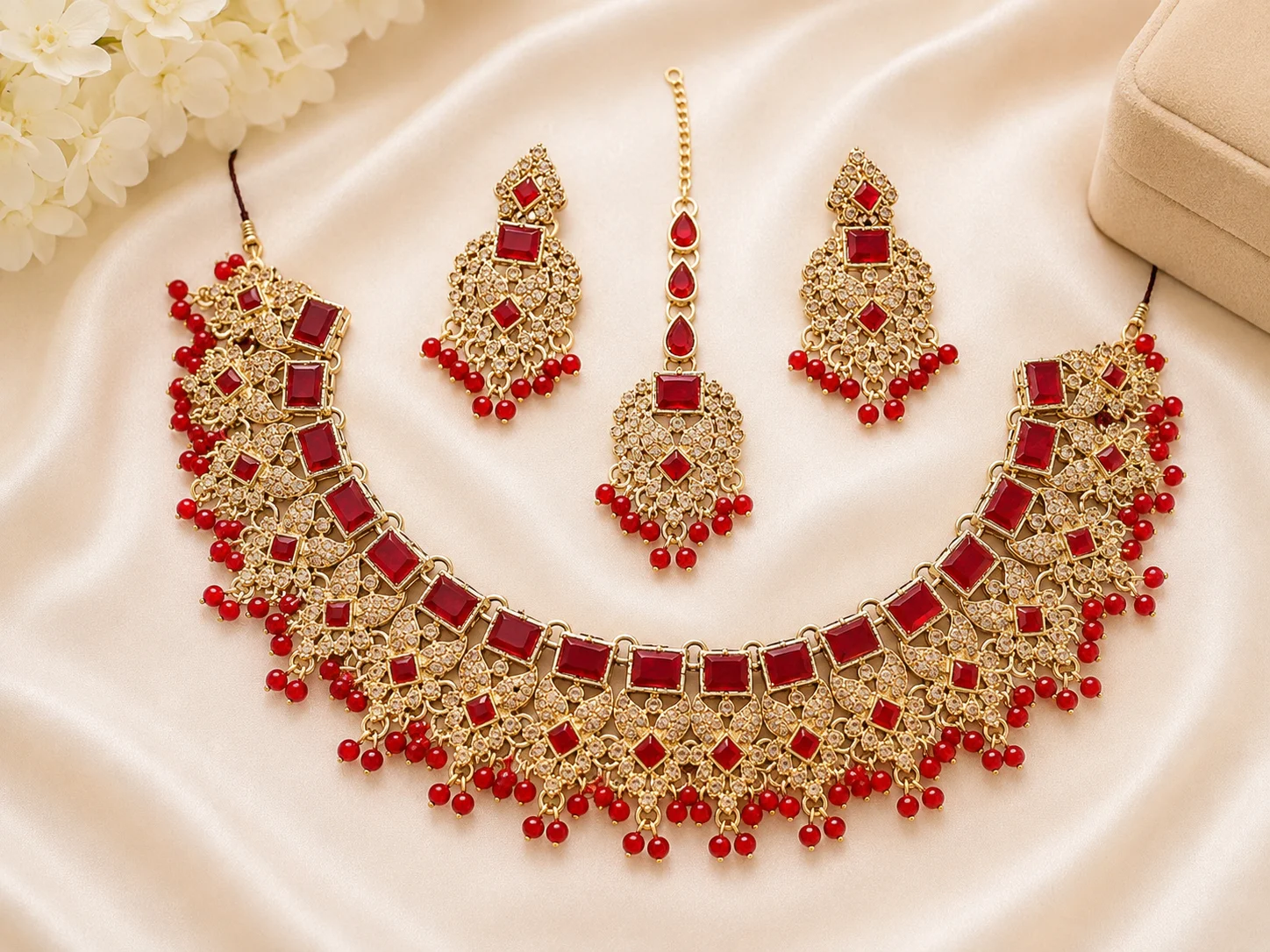 Luxury Ruby Red Kundan Bridal Necklace Set with Maang Tikka