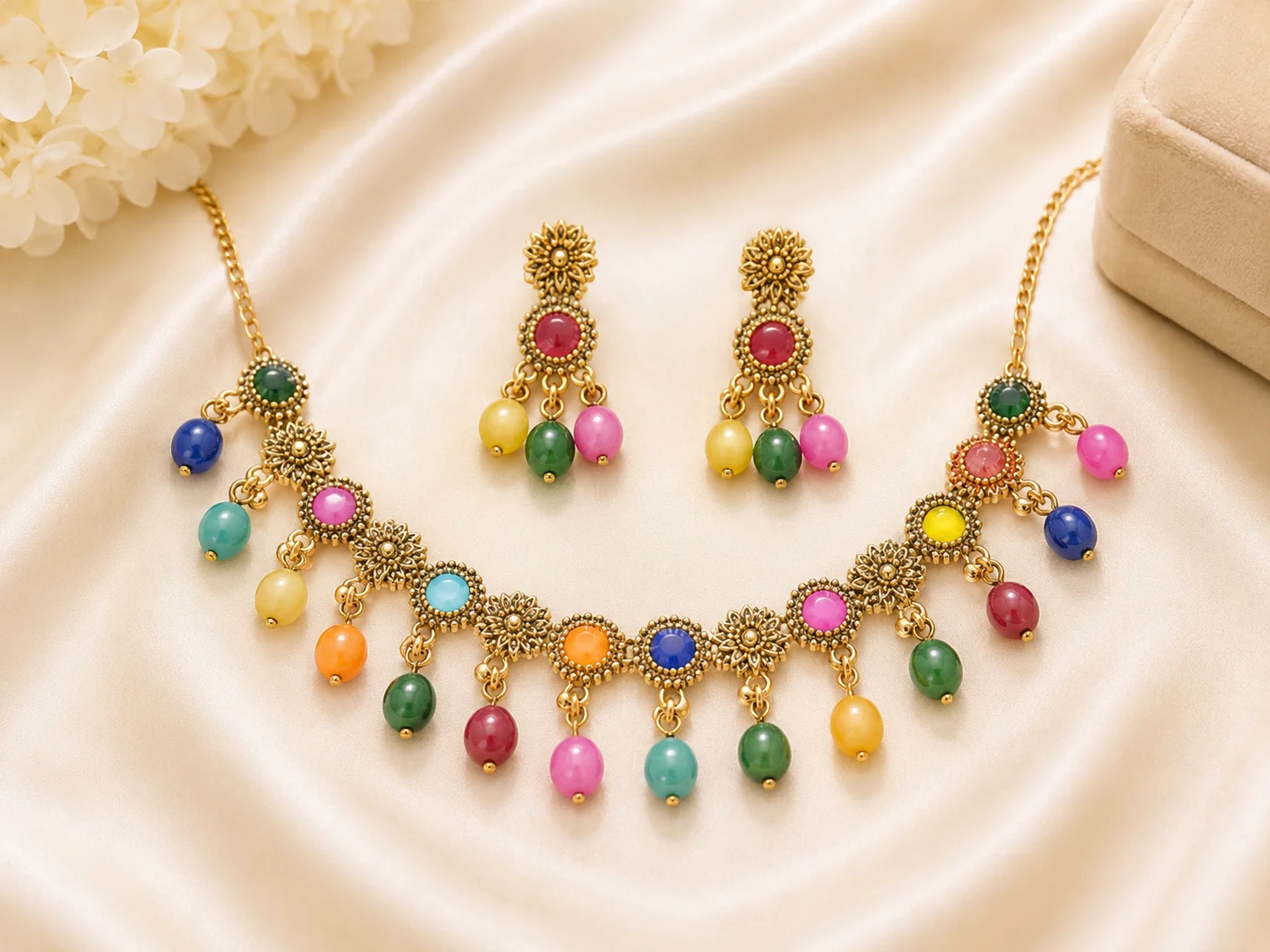 Antique Gold Multicolor Beads Necklace & Earrings Set