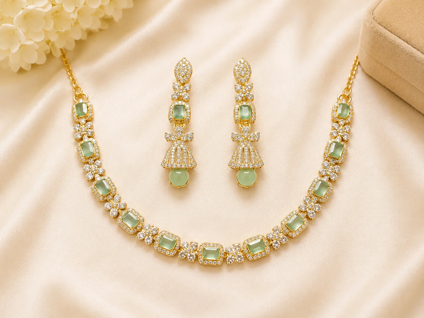Luxury Mint Green Crystal Gold Necklace & Earrings Set