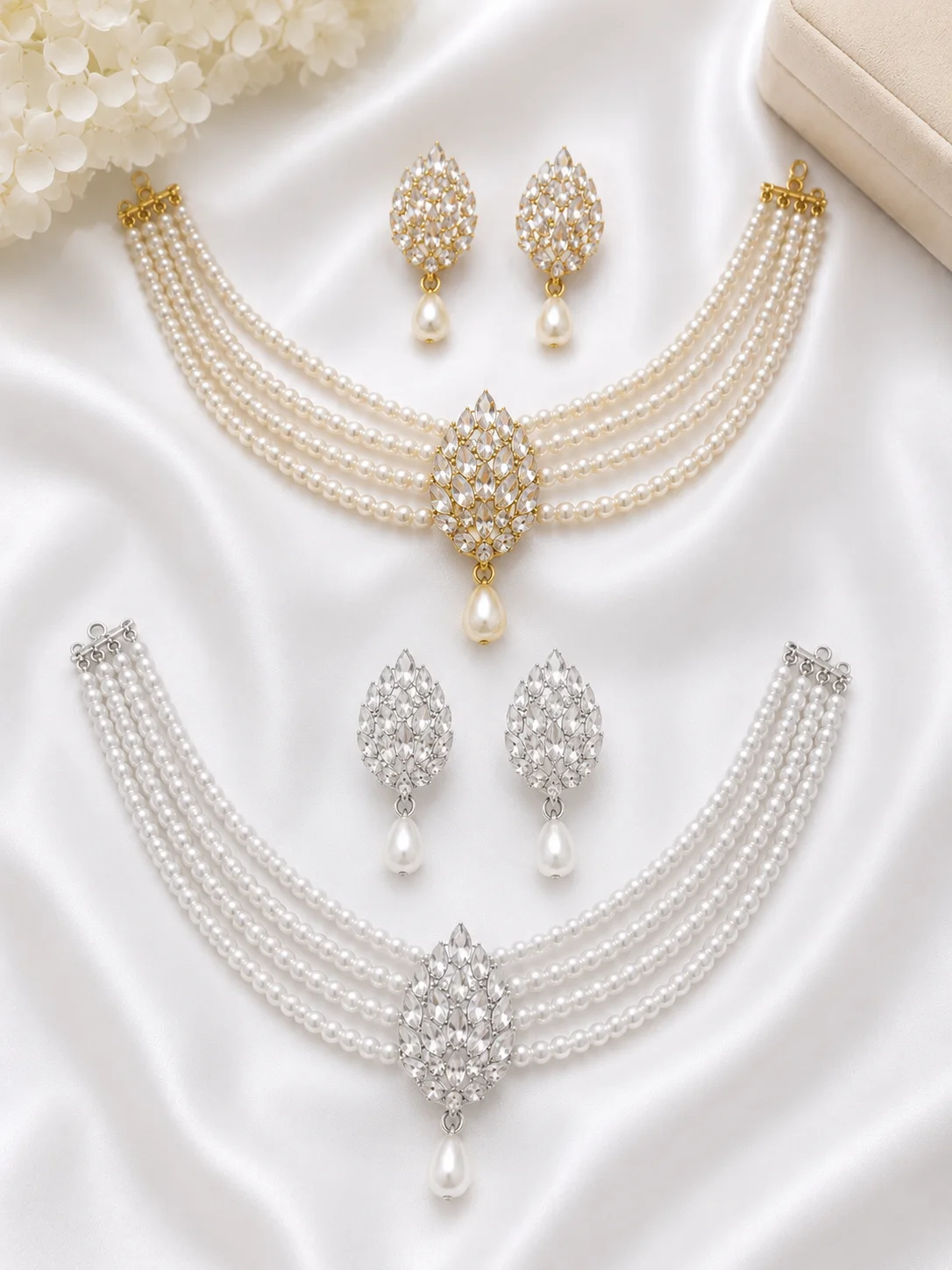 Luxury Pearl Multi-Layer Necklace Set – Golden & Silver