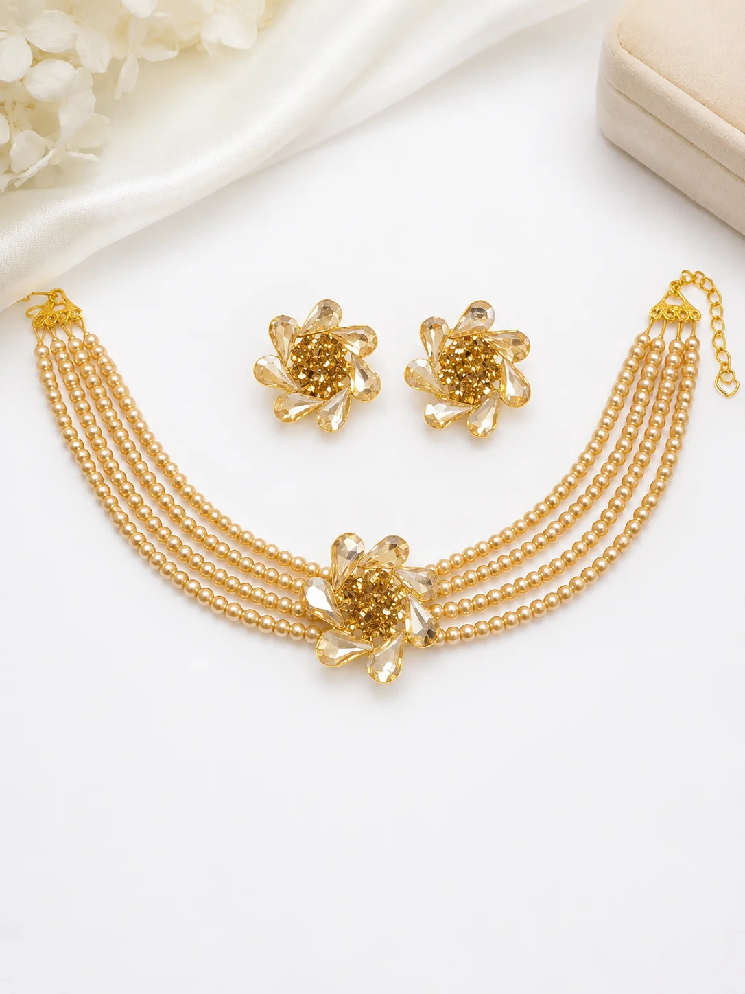 Luxury Golden Pearl Floral Choker Necklace Set