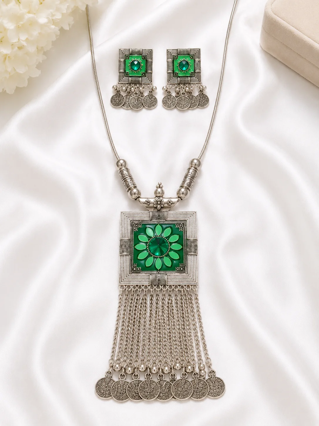 Traditional Kashmiri Mala Set with Green Stone & Coin Tassels