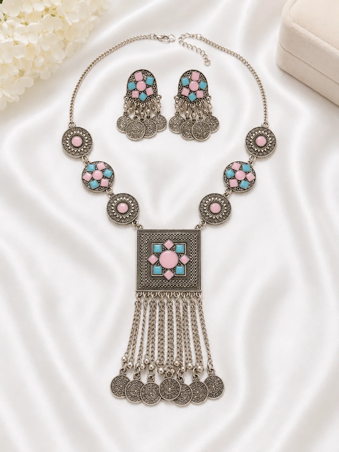 Kashmiri Antique Silver Pink & Blue Mala Necklace Set