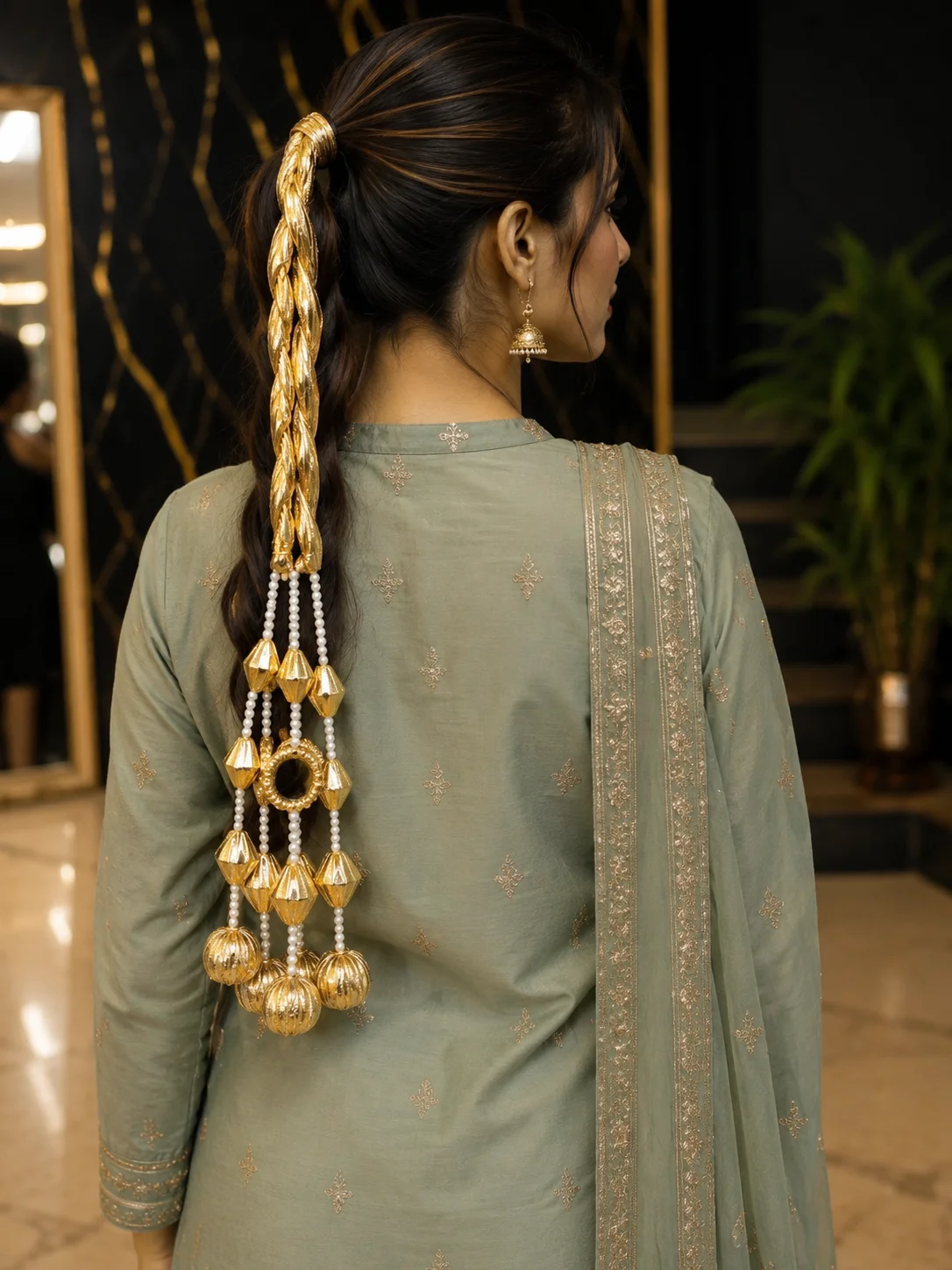 Luxury Golden & Multicolor Bridal Paranda with Pearls & Mirror Work