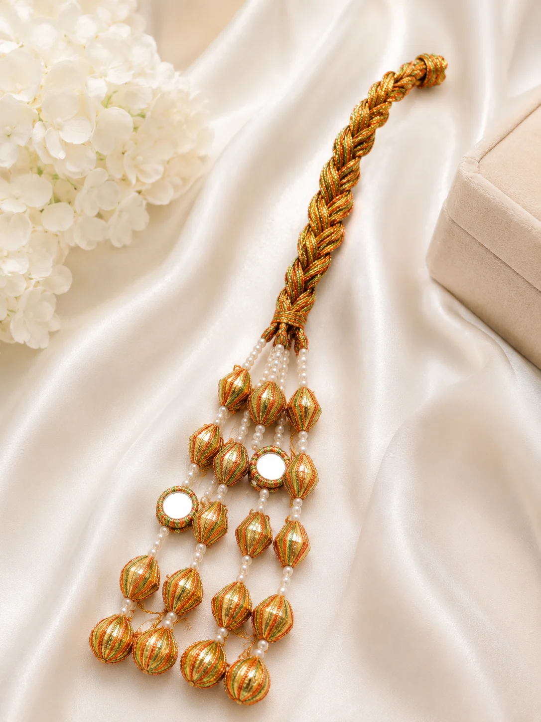 Luxury Golden & Multicolor Bridal Paranda with Pearls & Mirror Work