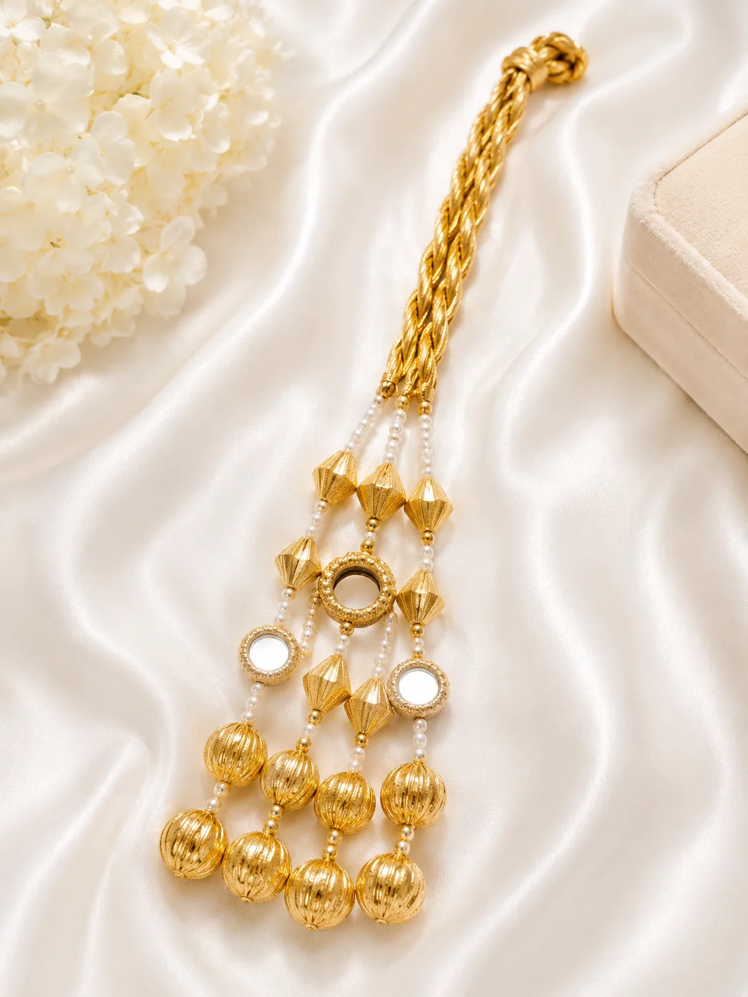 Luxury Golden & Multicolor Bridal Paranda with Pearls & Mirror Work