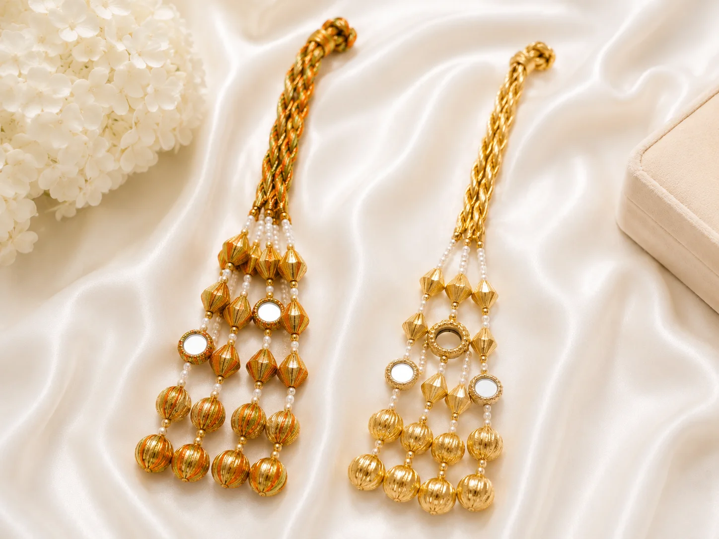 Luxury Golden & Multicolor Bridal Paranda with Pearls & Mirror Work