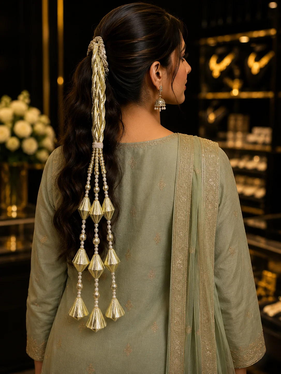 Premium Golden Pearl Bridal Paranda – Traditional Hair Accessory