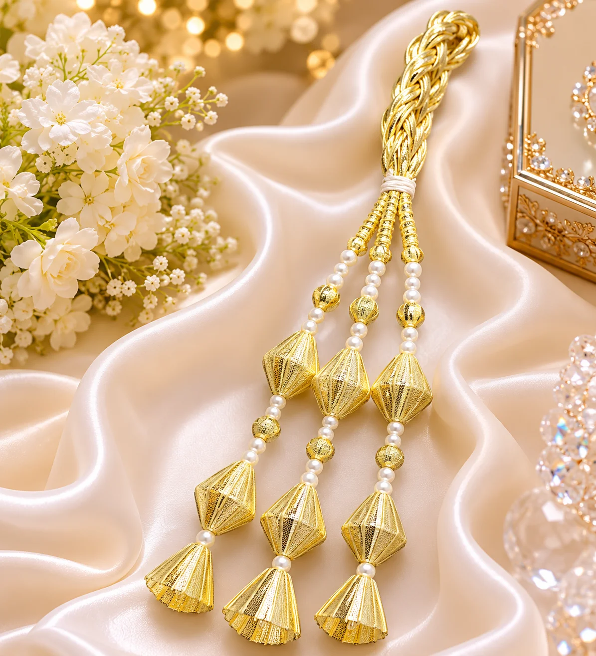 Premium Golden Pearl Bridal Paranda – Traditional Hair Accessory