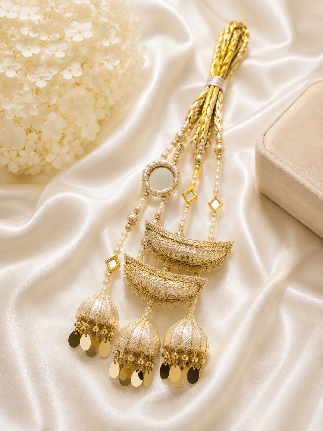 Luxury Golden Bridal Paranda with Pearl & Jhumka Tassel Design