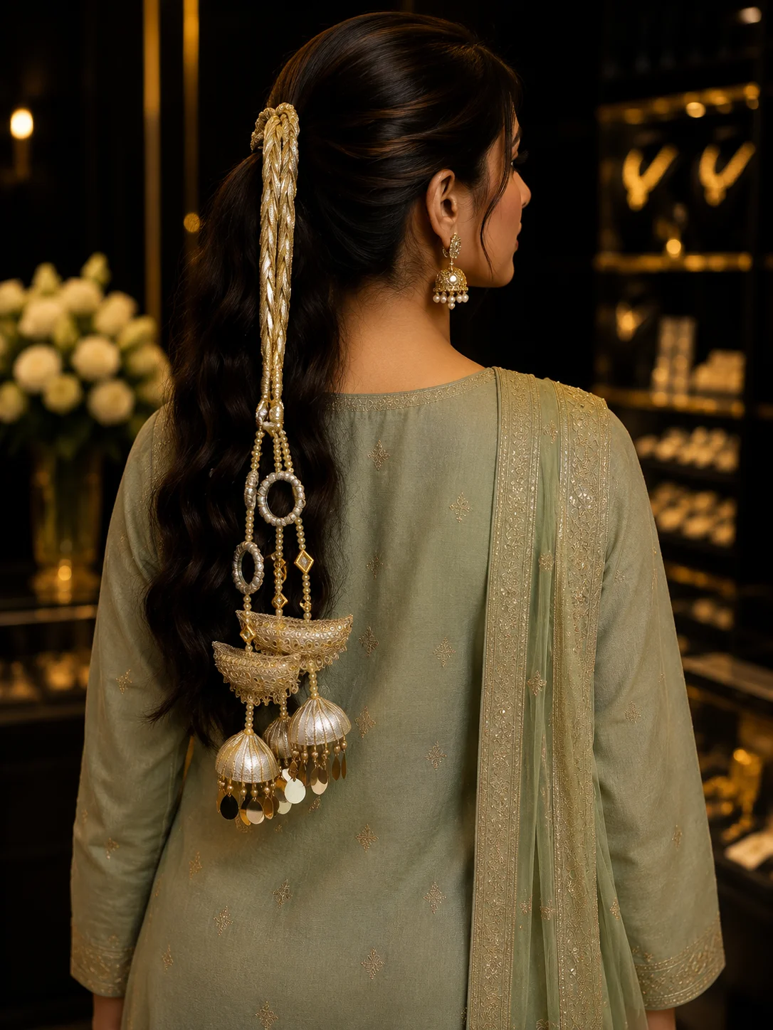 Luxury Golden Bridal Paranda with Pearl & Jhumka Tassel Design