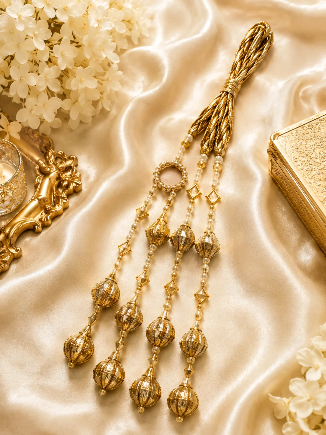 Luxury Golden Bridal Paranda with Pearl & Hanging Ball Design