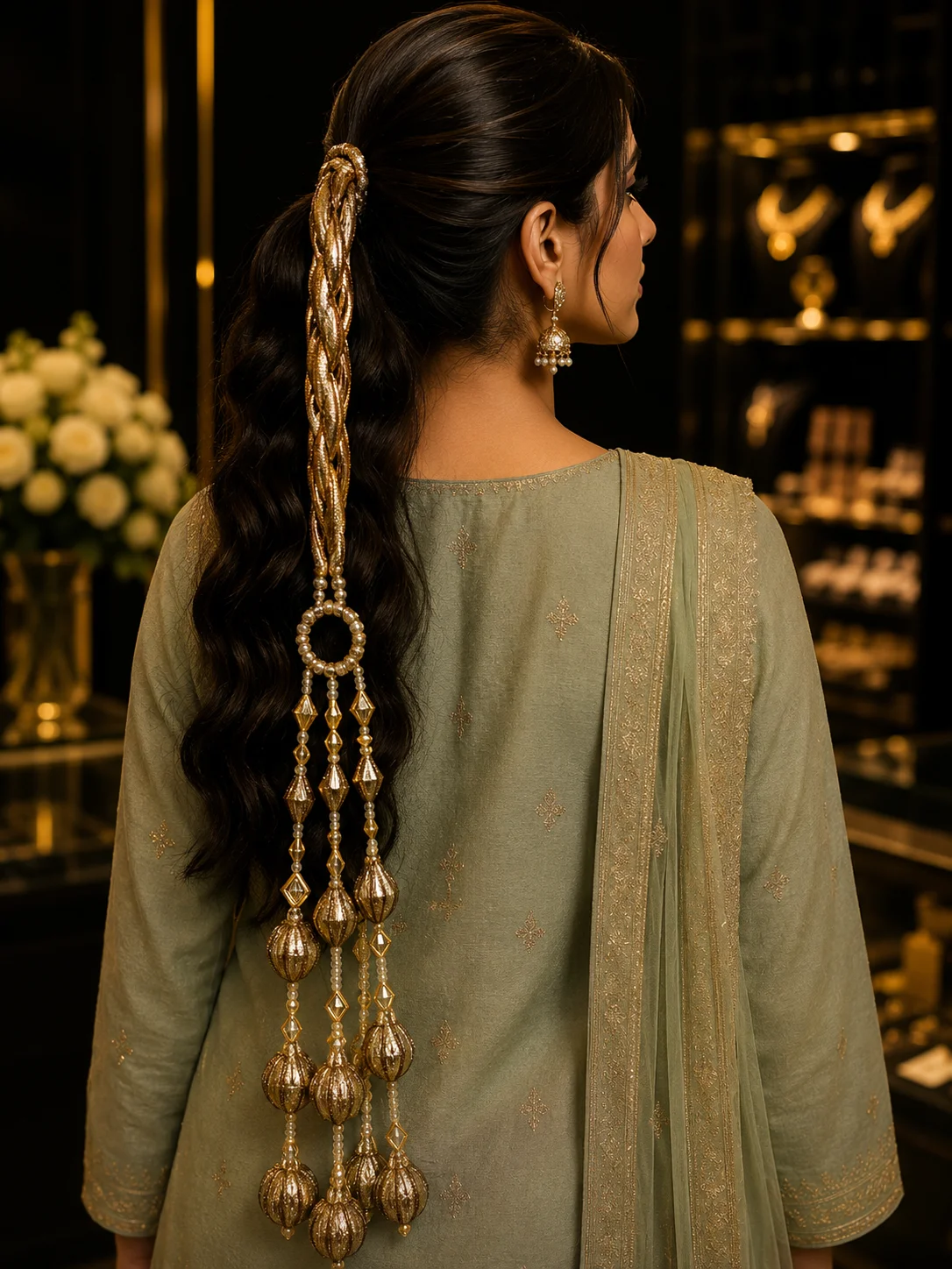 Luxury Golden Bridal Paranda with Pearl & Hanging Ball Design