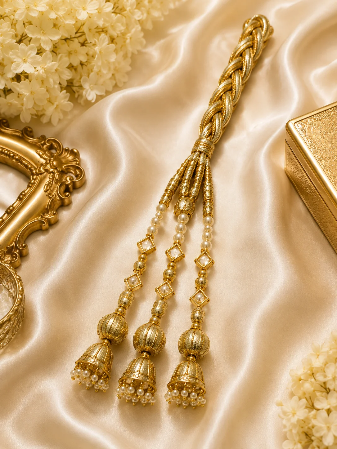 Luxury Golden Baby Paranda with Pearl & Jhumka Design